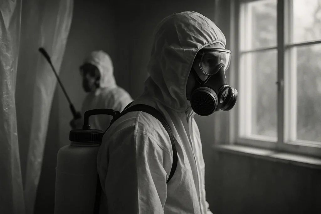 Équipe de décontamination en action avec équipements de protection, lumière naturelle