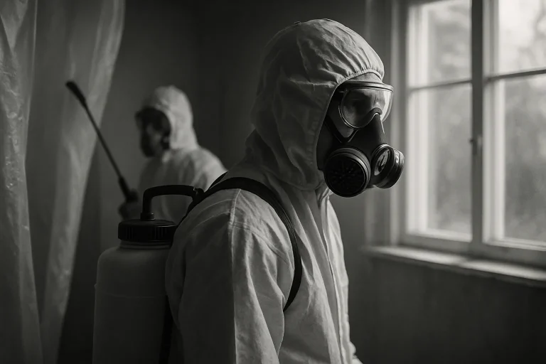 Équipe de décontamination en action avec équipements de protection, lumière naturelle