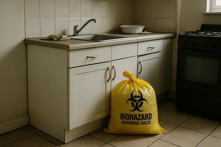 Coin de cuisine avec un sac de déchets biomédicaux mal rangé, ambiance désorganisée